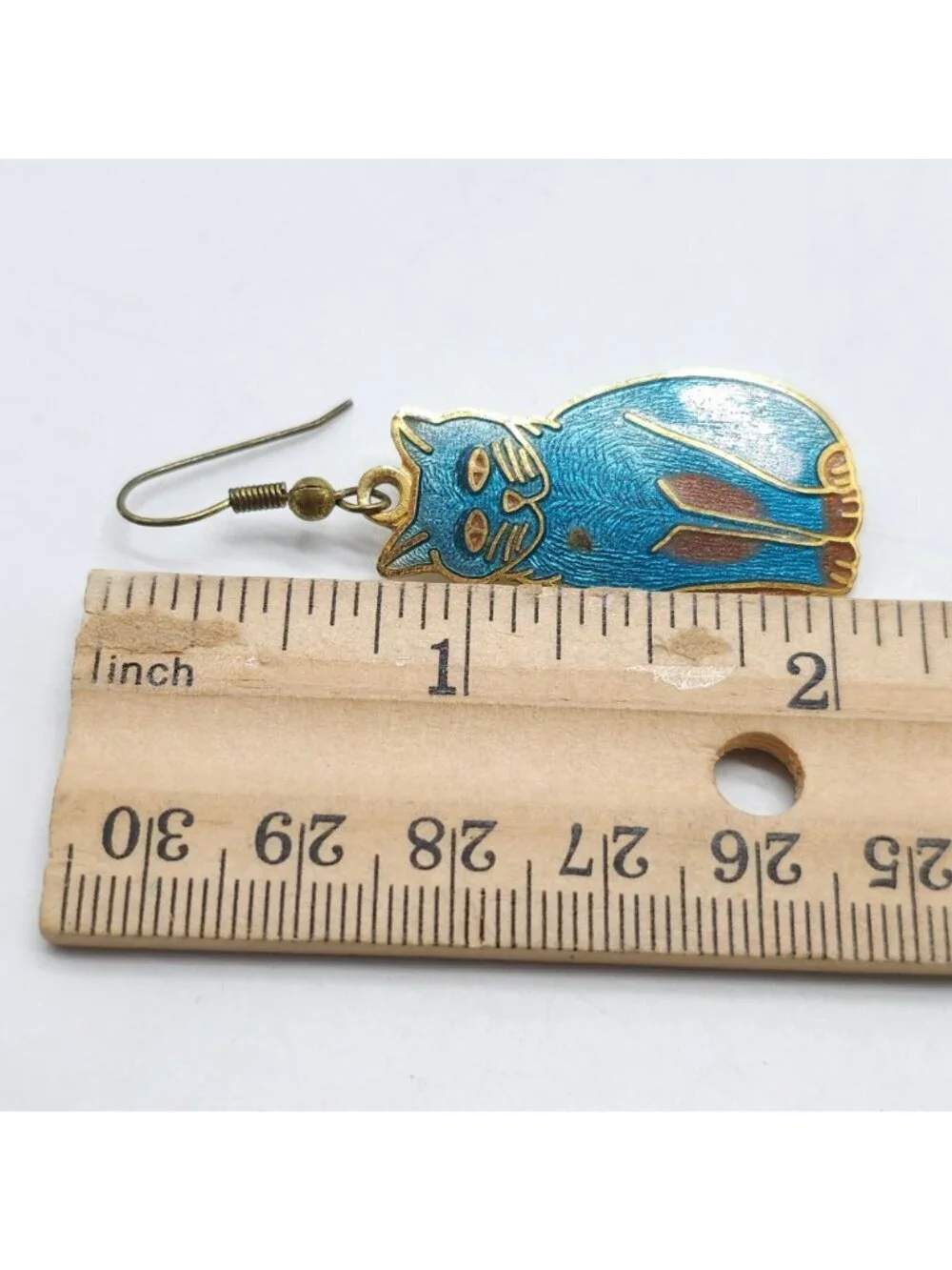 Cat Themed Vintage Blue Enamel Gold Tone Drop Earrings With Fishhook Backs